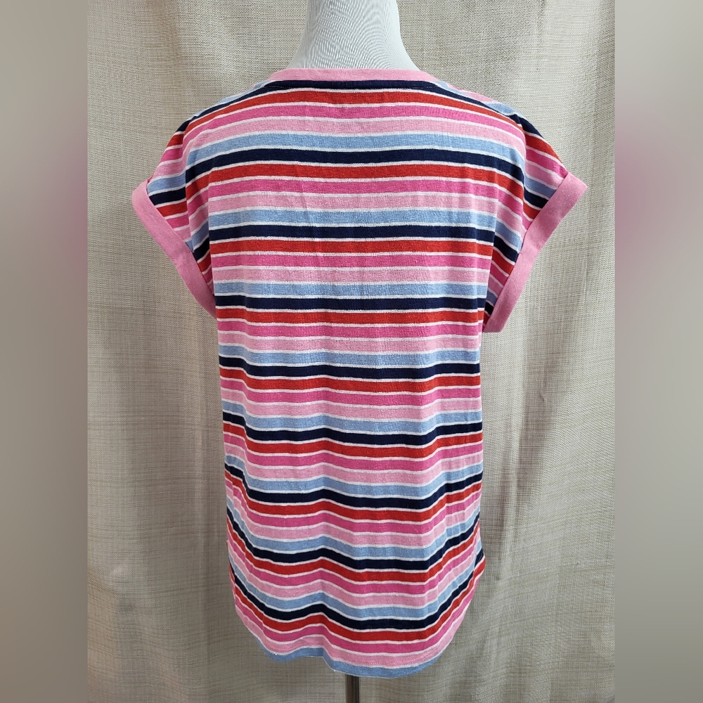Talbots Women's Red Pink Blue White Stripe V-Neck  Linen Casual T-Shirt Size Med - Picture 3 of 11